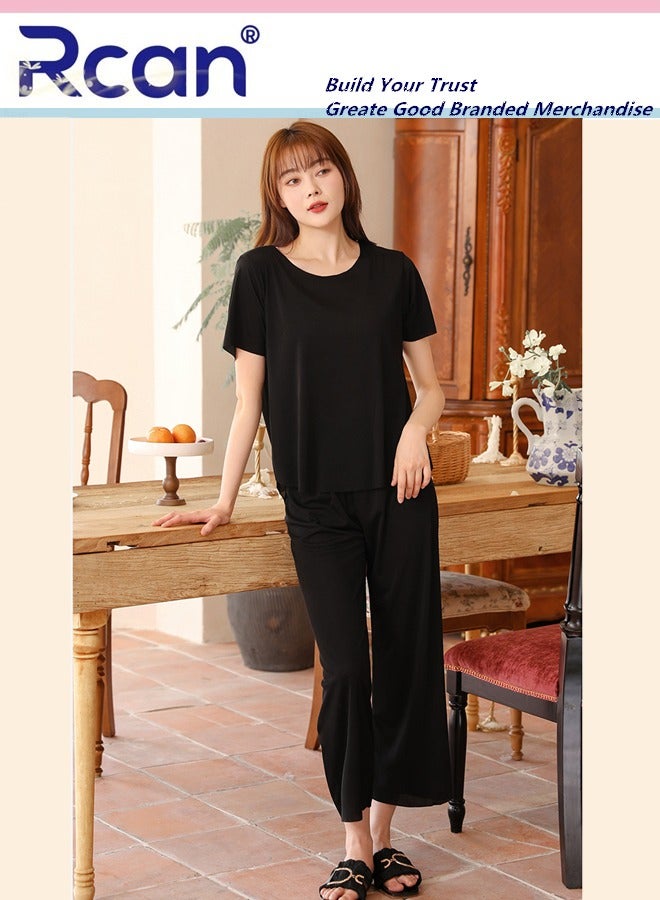 Rcan 3 Piece Women's Ice Silk Thread Pajamas Stripes Traceless Round Neck Short Sleeves Sleepwear Home Elastic T Shirt Top and Pants Set for Summer - Image 2