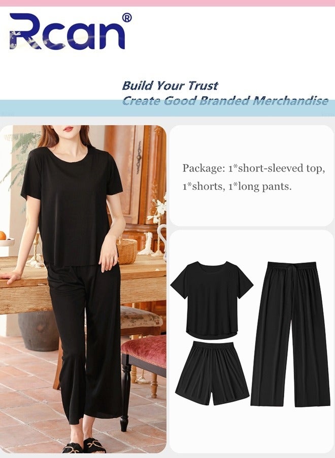 Rcan 3 Piece Women's Ice Silk Thread Pajamas Stripes Traceless Round Neck Short Sleeves Sleepwear Home Elastic T Shirt Top and Pants Set for Summer - Image 1
