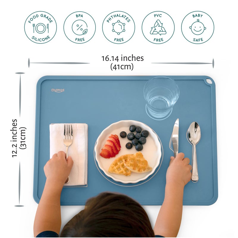CHAMOS Montessori Placemat for Toddlers - Kids Silicone Mats for Dining Table - Set of 2 - Table Setting Learning (Blue and Grey) - Image 2