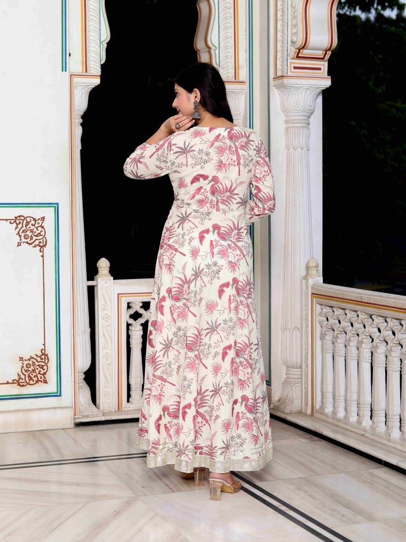 Miravan Womens Light Pink Cotton Birds And Leaf Floral Printed Anarkali Kurta - Image 5