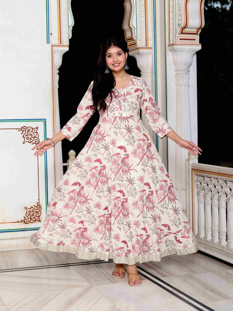 Miravan Womens Light Pink Cotton Birds And Leaf Floral Printed Anarkali Kurta - Image 1