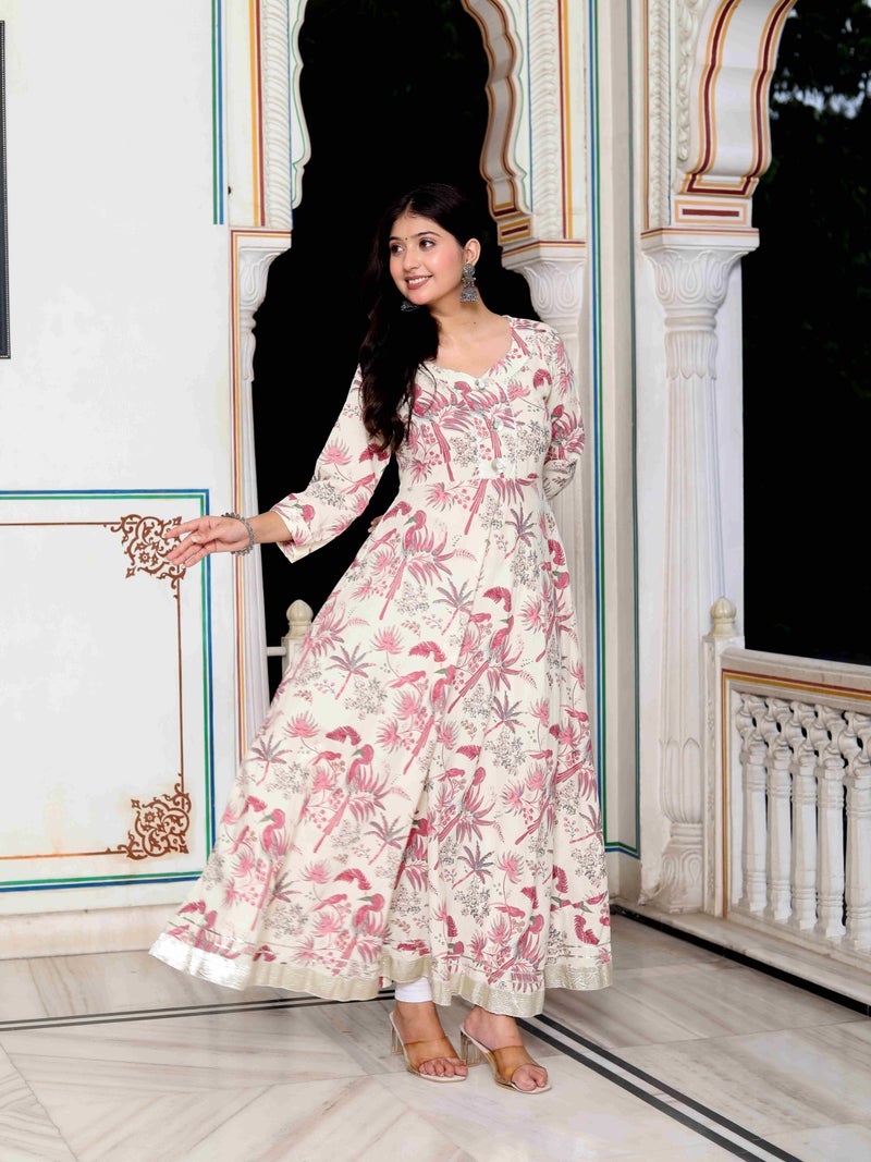 Miravan Womens Light Pink Cotton Birds And Leaf Floral Printed Anarkali Kurta - Image 3