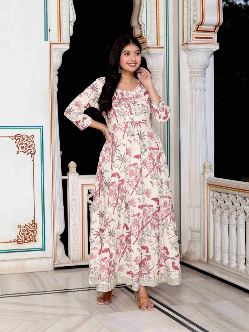 Miravan Womens Light Pink Cotton Birds And Leaf Floral Printed Anarkali Kurta - Image 2