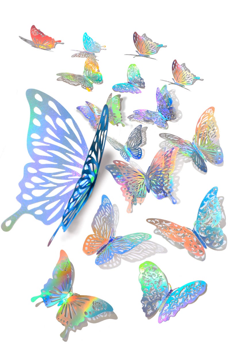 60 Pcs 3D Iridescent Silver Butterfly Wall Stickers Holographic Decals With 5 Style Decorative Paper Murals for Nursery Classroom and Glitter Party Silver