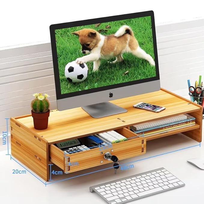 Adjustable Dual Monitor Stand with Storage Organizer, Wooden Desktop Riser for Monitors, Bamboo Corner Desk, Ergonomic Computer Riser with Pen Holder and Organizer (Monitor Stand (Lock) 3 Box)