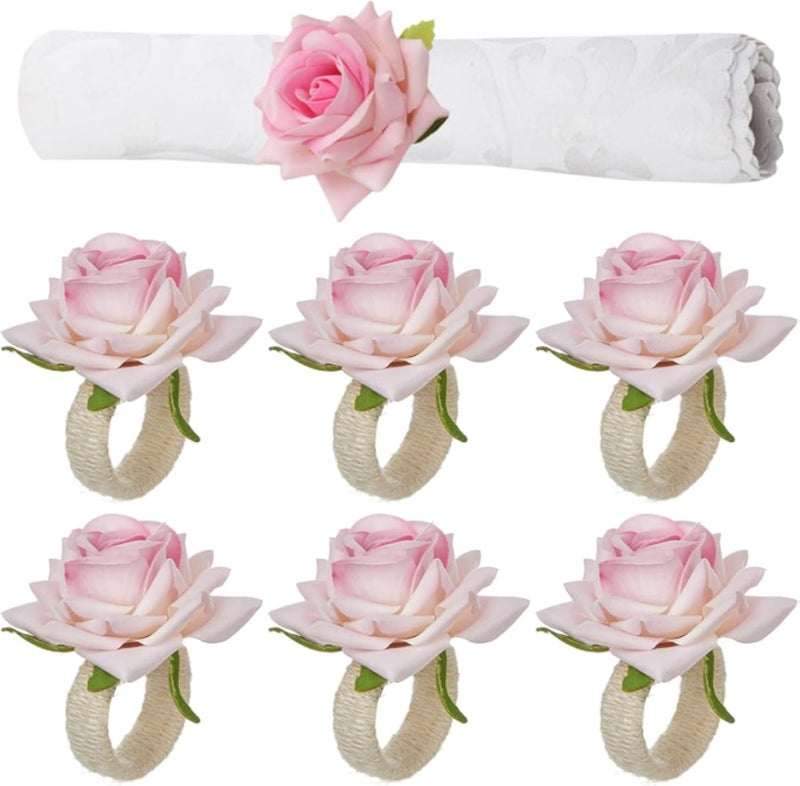 Floral Napkin Rings Set of 6 Rose Flower Napkin Rings Handmade Flower Napkin Holders Rings Table Decoration for Wedding Banquet Birthday Valentines Party