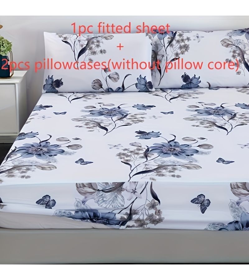 3pcs 100 Percent Polyester Brushed Fitted Sheet Set Alice Bed Three Plant Print Light Beige Home And Hotel Soft Comfortable Fitted Sheet 47.24 By 78.74 Inch Size Three Piece Set One Fitted Sheet Two Pillowcases No Insert - Image 2