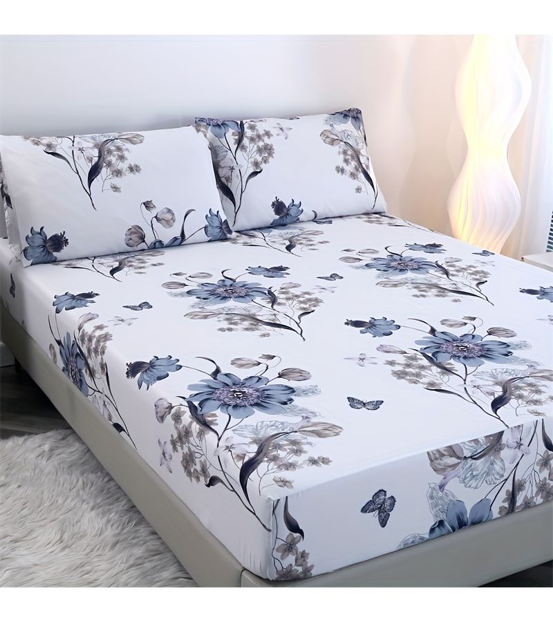 3pcs 100 Percent Polyester Brushed Fitted Sheet Set Alice Bed Three Plant Print Light Beige Home And Hotel Soft Comfortable Fitted Sheet 47.24 By 78.74 Inch Size Three Piece Set One Fitted Sheet Two Pillowcases No Insert - Image 1
