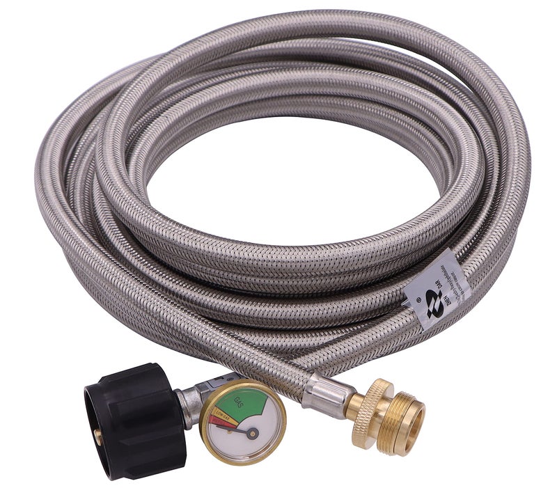 METER STAR 15 Ft Stainless Steel Braided Propane Adapter Max 350 Psi Hose with Pressure Gauge 5-40 Lb Convert Replace for Qcc1/type1 Tank Connects 1 Lb Bulk Portable Appliance to 5-40 Lb Propane Tank Cylinder - Image 1