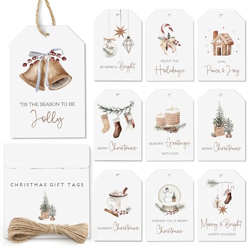 AUDREE 50 Pcs Christmas Gift Tags with String - Cozy Holiday Gift Tags for Xmas Presents - Christmas Name Tags for Gifts - Hanging Labels Decoration Xmas Winter Holiday Present DIY Crafts - Image 1