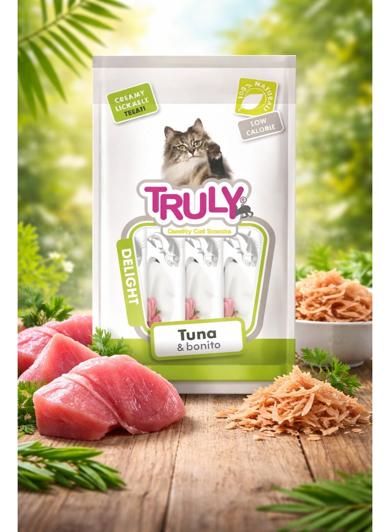 مكافآت كريمية للقطط قابلة للحس – نكهة التونة والبونيتو – طبيعية 100% ومنخفضة السعرات – 70 جم (5 أنابيب × 14 جم)