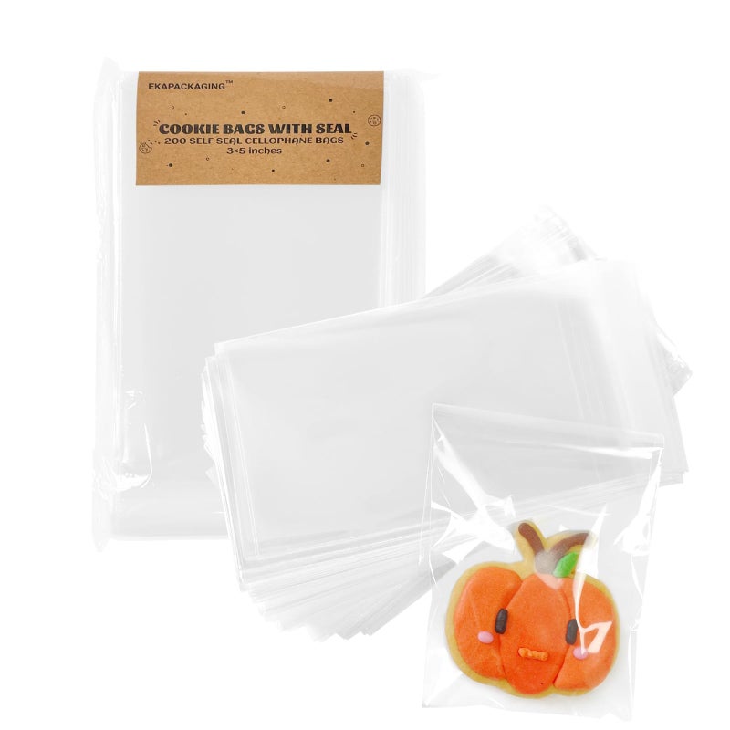 EKAPACKAGING Clear 3x5 Inches 200Pcs Self Sealing Cellophane Cookie Bags Christmas Treat Individual Party Favor Bag Plastic Sealable Small Goodie Cello Snack Gift Packaging with Seal - Image 1