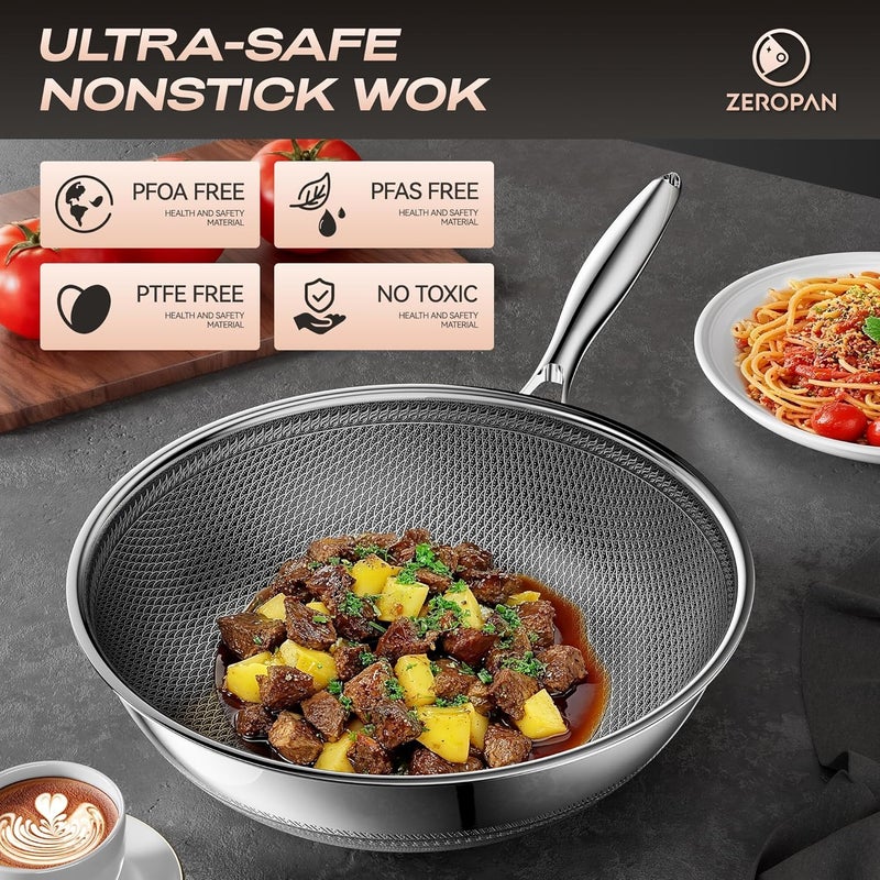 ZEROPAN Wok,Hybrid 12-Inch Wok with Lid,Nonstick Stainless Steel Woks & Stir-fry pans,Dishwasher-Friendly,PFAS PFOA PTFE Free, Oven-Safe Up to 600°F,Compatible with All Cooktops - Image 2