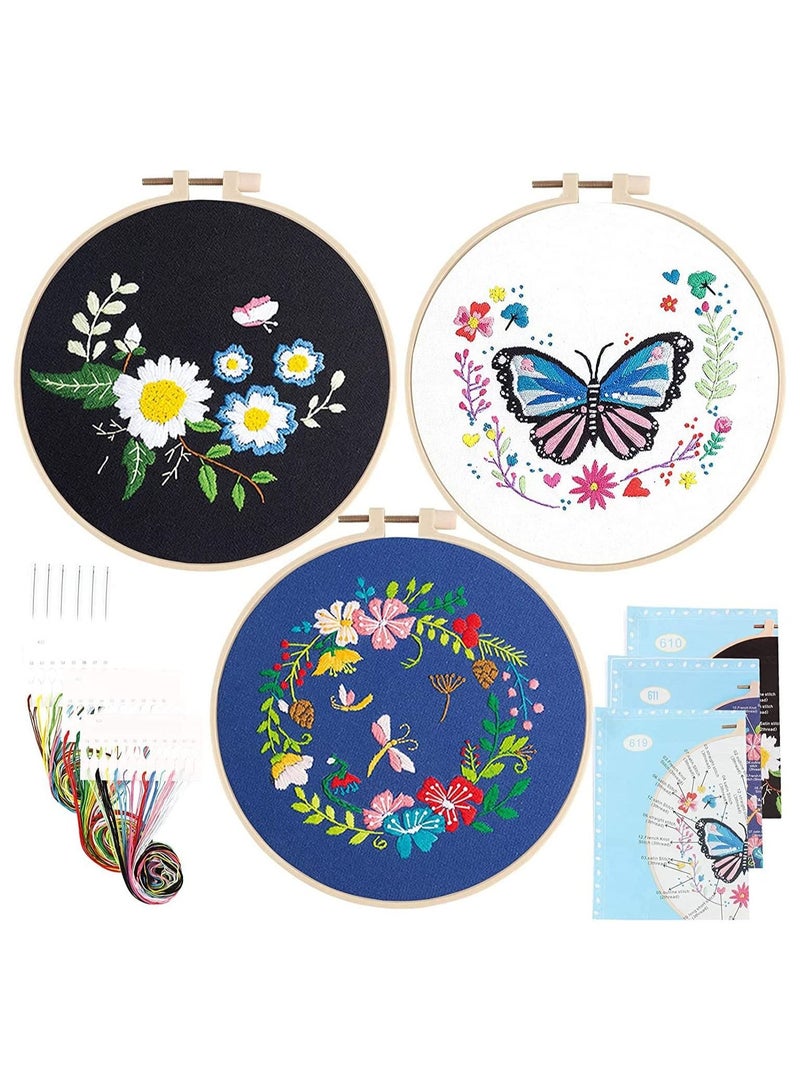 Y&D Hand Embroidery Kit for Beginners, Cross Stitch Set with Cute Butterfly Floral Series Pattern, DIY Needlepoint Hoops and Cloths Adults Kids Wall Decor 3 Pack  - Image 1