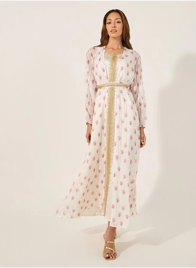 ستايلي Floral Print Lace Trim Belted Kaftan with Inner Satin Dress