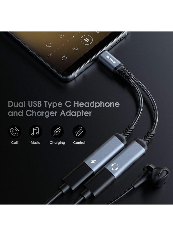 ZOOAUX محول USB C، محول سماعات رأس وشاحن مزدوج USB C، كابل دنجلي صوتي 2 في 1 من نوع C مع دعم الشحن السريع PD 60W لمكالمة الموسيقى لجهاز Pixel 4 3 XL، Galaxy S22 S21 S20 Note 20 10، Xperia - Image 2