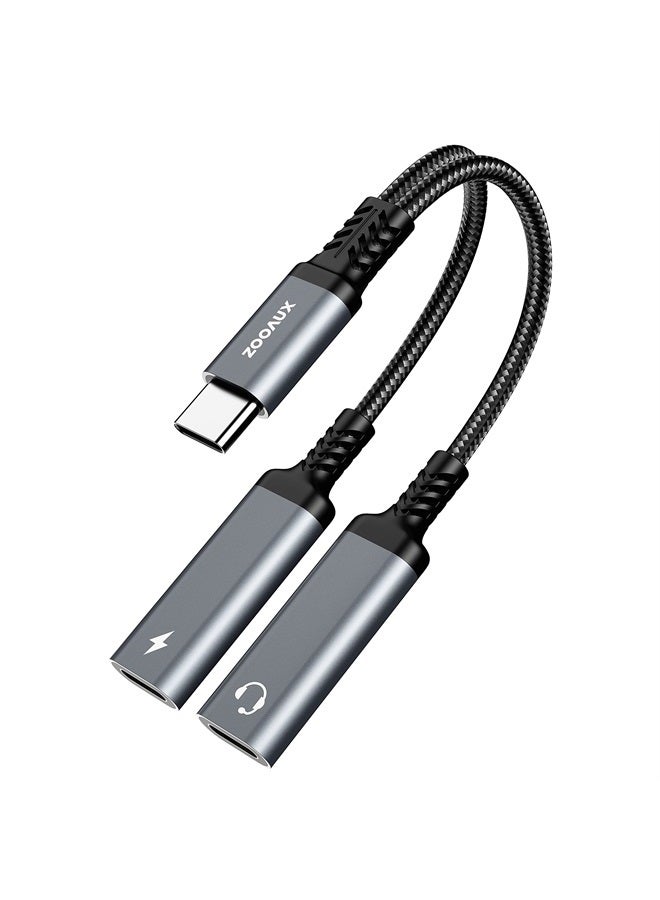 ZOOAUX محول USB C، محول سماعات رأس وشاحن مزدوج USB C، كابل دنجلي صوتي 2 في 1 من نوع C مع دعم الشحن السريع PD 60W لمكالمة الموسيقى لجهاز Pixel 4 3 XL، Galaxy S22 S21 S20 Note 20 10، Xperia - Image 1