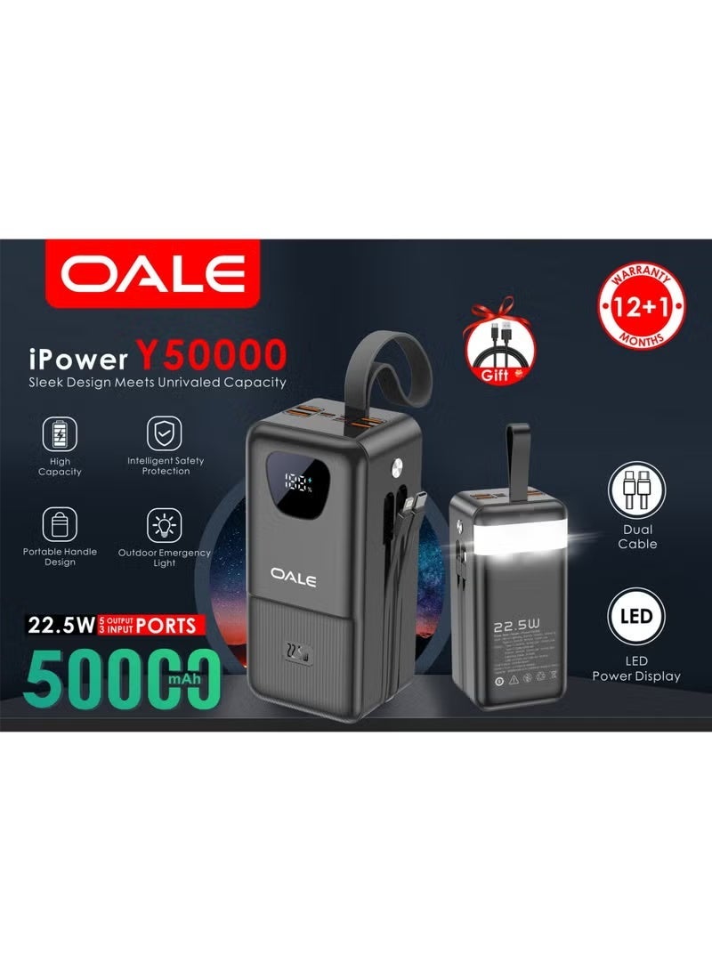OALE 50000mAh Power Bank 22.5W Fast Charging with 4 Built-In Cables & 4 Ports | Dual USB & Dual Type-C Output | LCD Display & LED Emergency Light | High Capacity Portable Charger – Black - Image 5