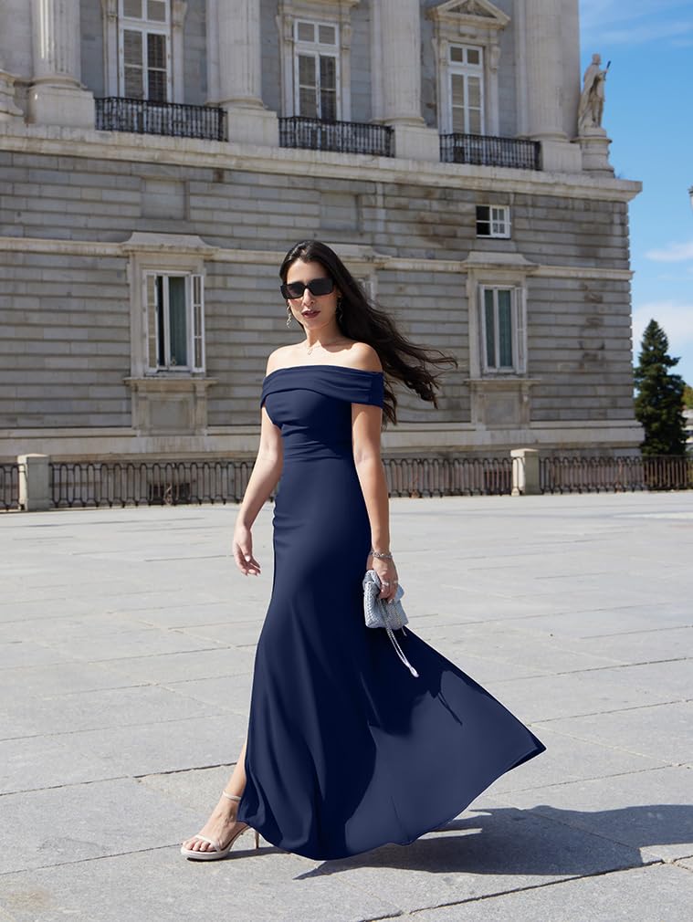 LAGSHIAN Women's Elegant Bodycon Off Shoulder Sleeveless High Split Ruched Long Formal Evening Dress Navy - Image 5