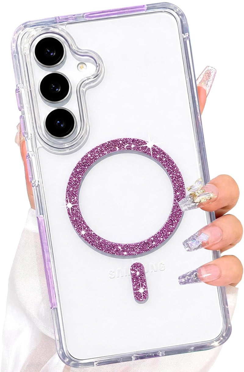 VONZEE Compatible for Samsung S24 5G Case Glitter Ring Cute Shiny Colorful Bling Case (Compatible with Magsafe) Transparent PC+TPU Glossy Shiny Cover for Girls Women,Purple - Image 1