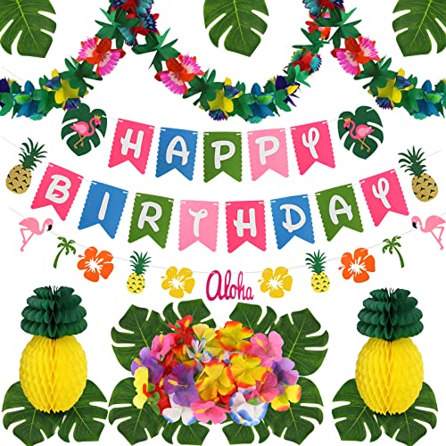 zilue Hawaiian Party Decorations Luau Birthday Party Decorations Hawaiian Birthday Banner Palm Leaves Hibiscus Flowers Paper Pineapples Flamingo Tropical Garland for Summer Beach Moana Party Decor - Image 1