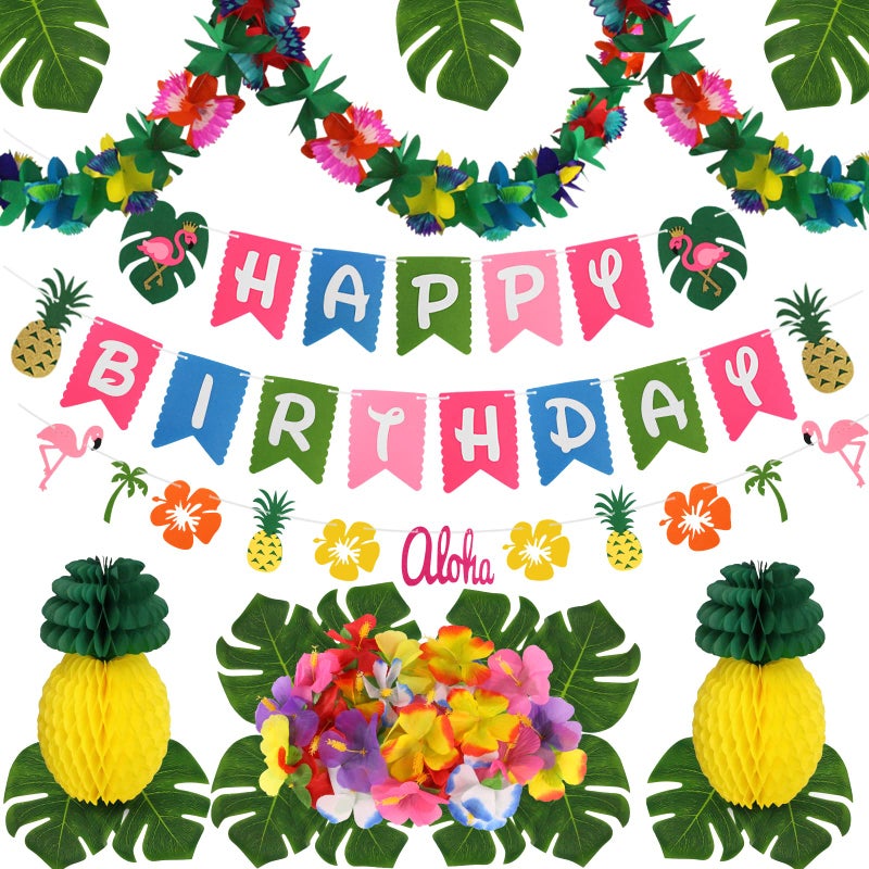 zilue Hawaiian Party Decorations Luau Birthday Party Decorations Hawaiian Birthday Banner Palm Leaves Hibiscus Flowers Paper Pineapples Flamingo Tropical Garland for Summer Beach Moana Party Decor - Image 3