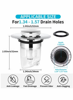 Excefore Bathroom Sink Stopper, Pop Up Sink Drain Strainer, Anti Clogging Sink Drain Filter with Hair Catcher, Sink Drain Plug for 1.34" ~1.57" Drain Holes, Prevents Clogging  - Image 2