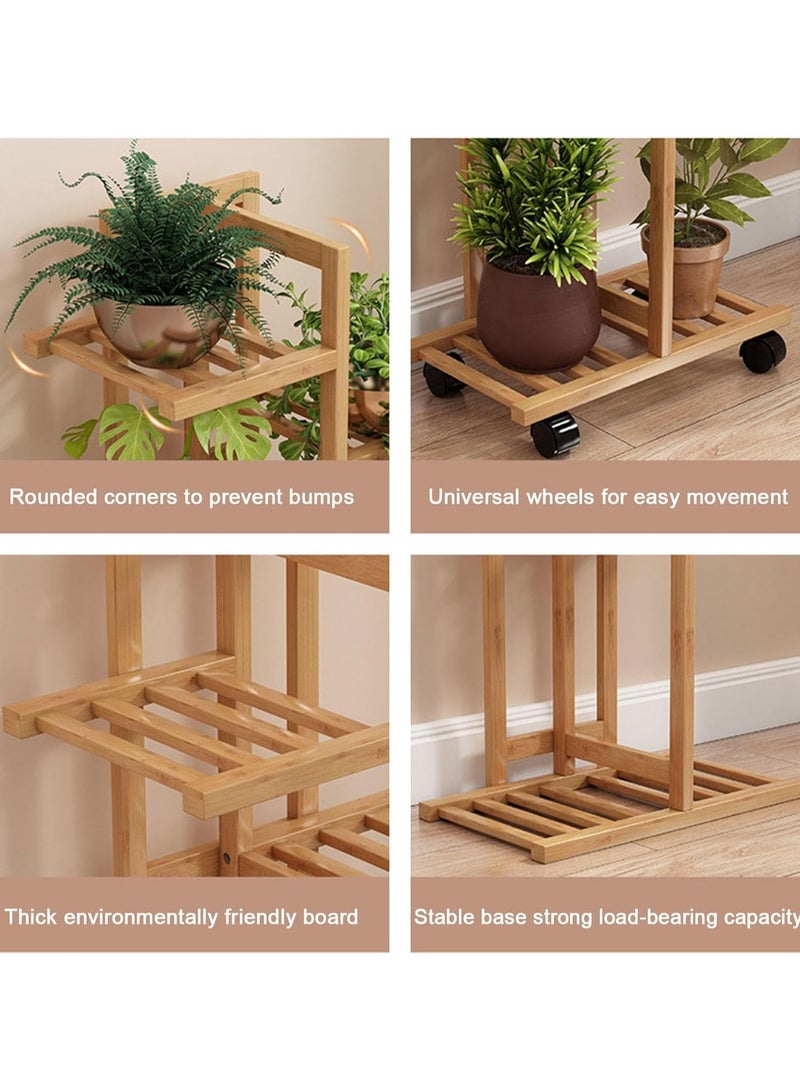 XiuWoo Bamboo Rolling Plant Stand Indoor Outdoor, Multiple Flower Pot Holder Shelf Display Stand with Wheels, Tiered Planter Display Shelving Unit for Patio Garden Corner Balcony Living Room,3 Tiers - Image 3