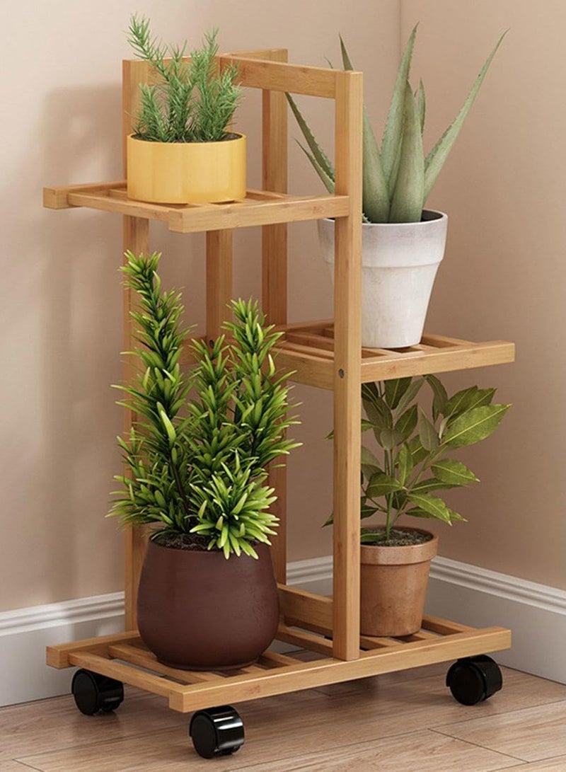XiuWoo Bamboo Rolling Plant Stand Indoor Outdoor, Multiple Flower Pot Holder Shelf Display Stand with Wheels, Tiered Planter Display Shelving Unit for Patio Garden Corner Balcony Living Room,3 Tiers - Image 1