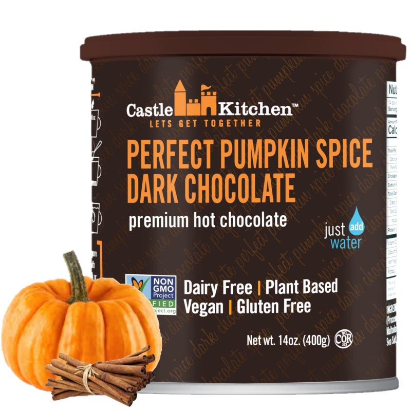 Castle Kitchen Pumpkin Spice Hot Chocolate (14 oz)-Dairy Free, Vegan Hot Cocoa Mix made With Decadent Dark Chocolate and Natural Flavors-Just Add Water-Unique Fall Flavor With No Artificial Sweeteners - Image 1