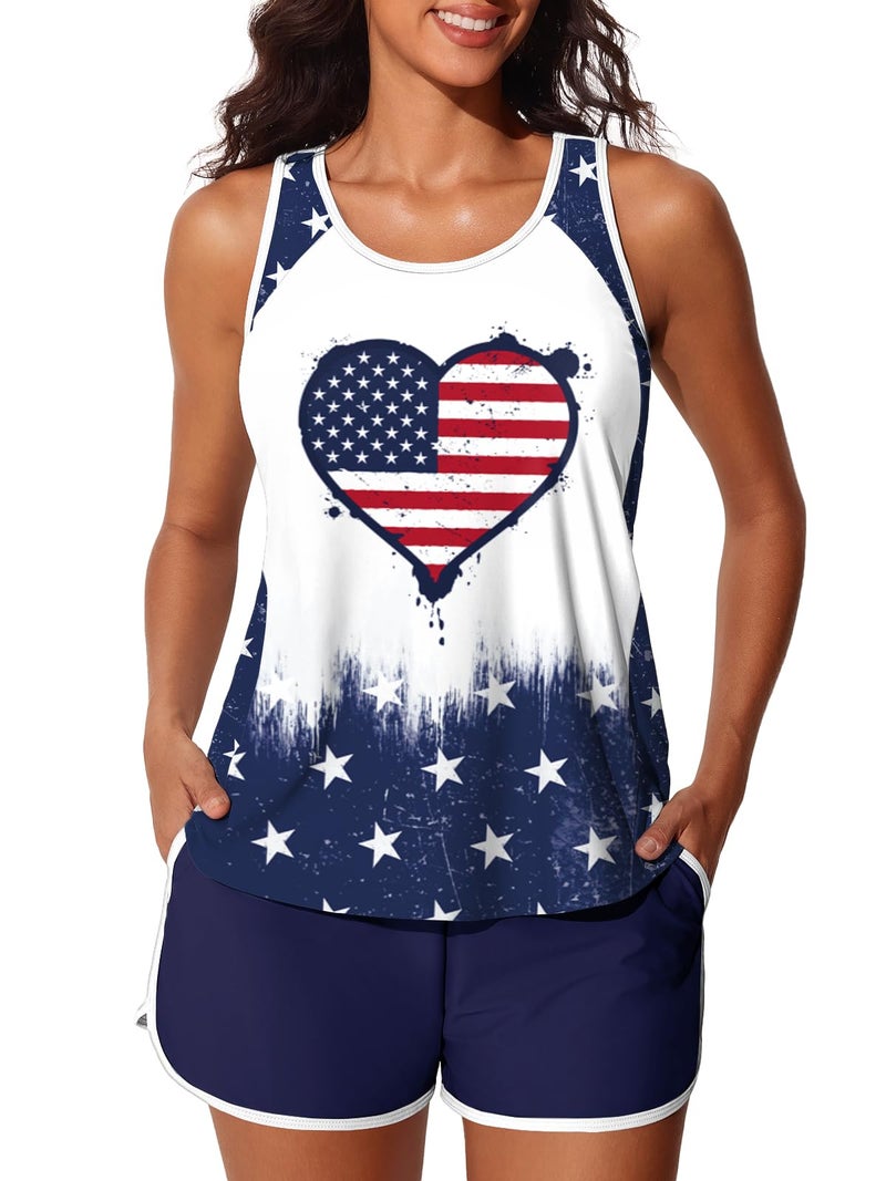 Summer Mae Blouson Tankini Swimsuits for Women 2026 Tummy Control Two Piece Bathing Suits with Sporty Pockets Swim Shorts Flag of Hearts Size 12 - Image 1