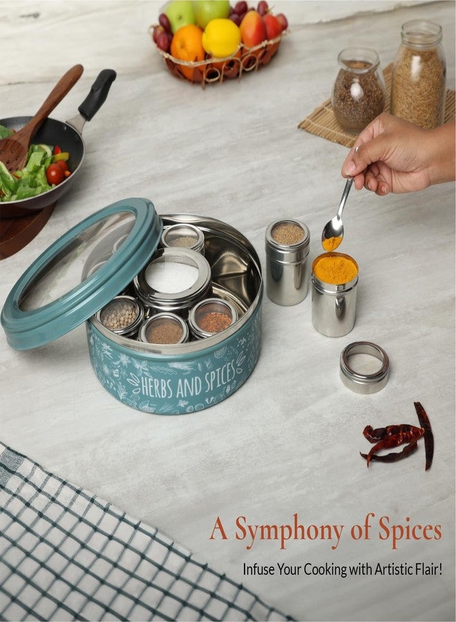 dudki 9 In 1 Herbs & Spice | Stainless Steel Handcrafted Spice Box | Spice Box For Kitchen | See Through Lid 9 Containers And Spoons | Moss- Green (2.5 Ltr | X-Large | 22.5Cm), Blue-Green - Image 5