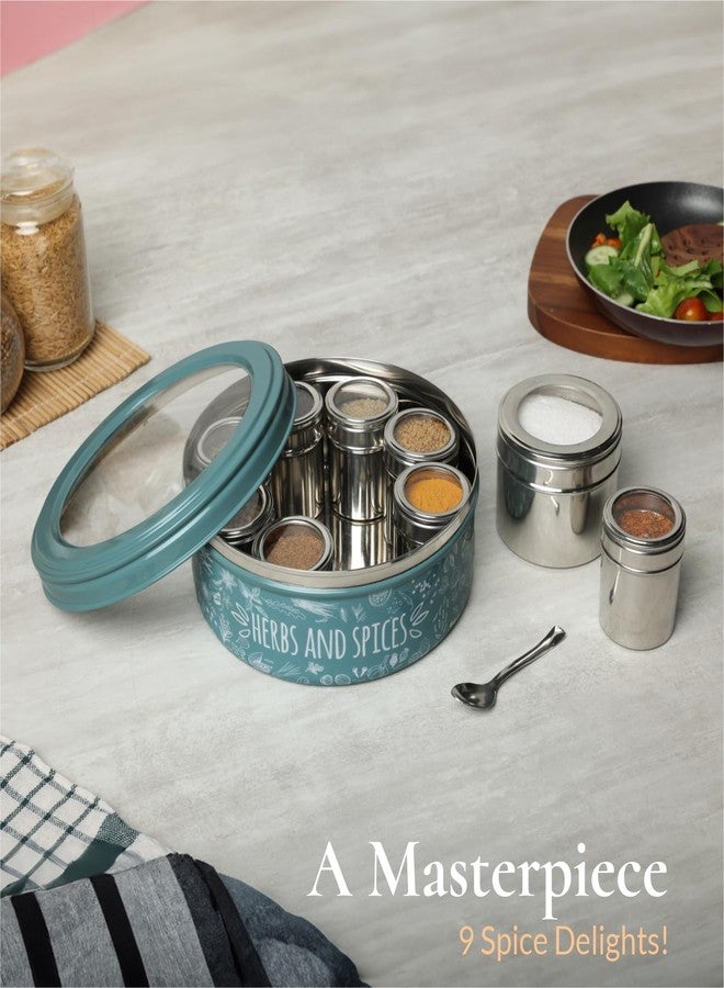 dudki 9 In 1 Herbs & Spice | Stainless Steel Handcrafted Spice Box | Spice Box For Kitchen | See Through Lid 9 Containers And Spoons | Moss- Green (2.5 Ltr | X-Large | 22.5Cm), Blue-Green - Image 3