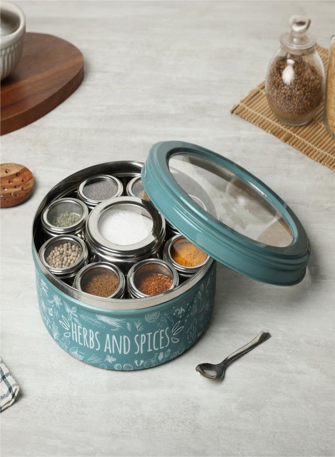 dudki 9 In 1 Herbs & Spice | Stainless Steel Handcrafted Spice Box | Spice Box For Kitchen | See Through Lid 9 Containers And Spoons | Moss- Green (2.5 Ltr | X-Large | 22.5Cm), Blue-Green - Image 1