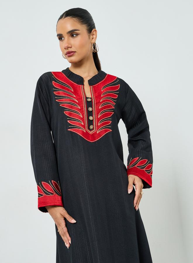 Maxim Creation Black Threadwork Embroidery Stand Collar Jalabiya - Image 2