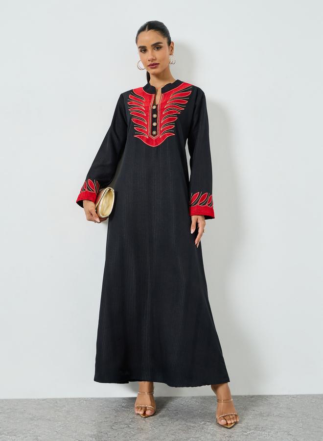 Maxim Creation Black Threadwork Embroidery Stand Collar Jalabiya - Image 1