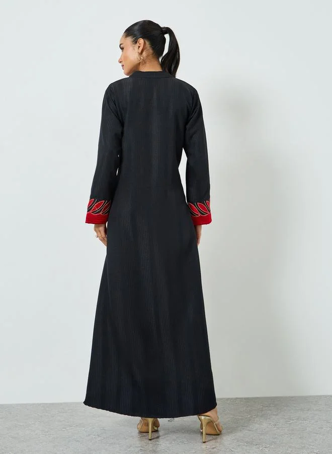 Maxim Creation  Black Threadwork Embroidery Stand Collar Jalabiya for Women | Best Price UAE