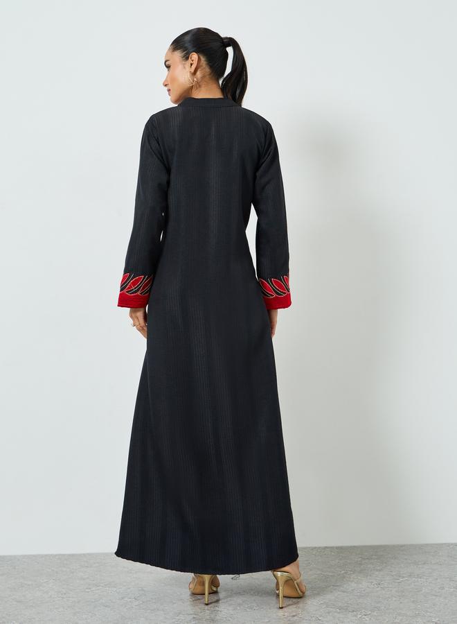 Maxim Creation Black Threadwork Embroidery Stand Collar Jalabiya - Image 3
