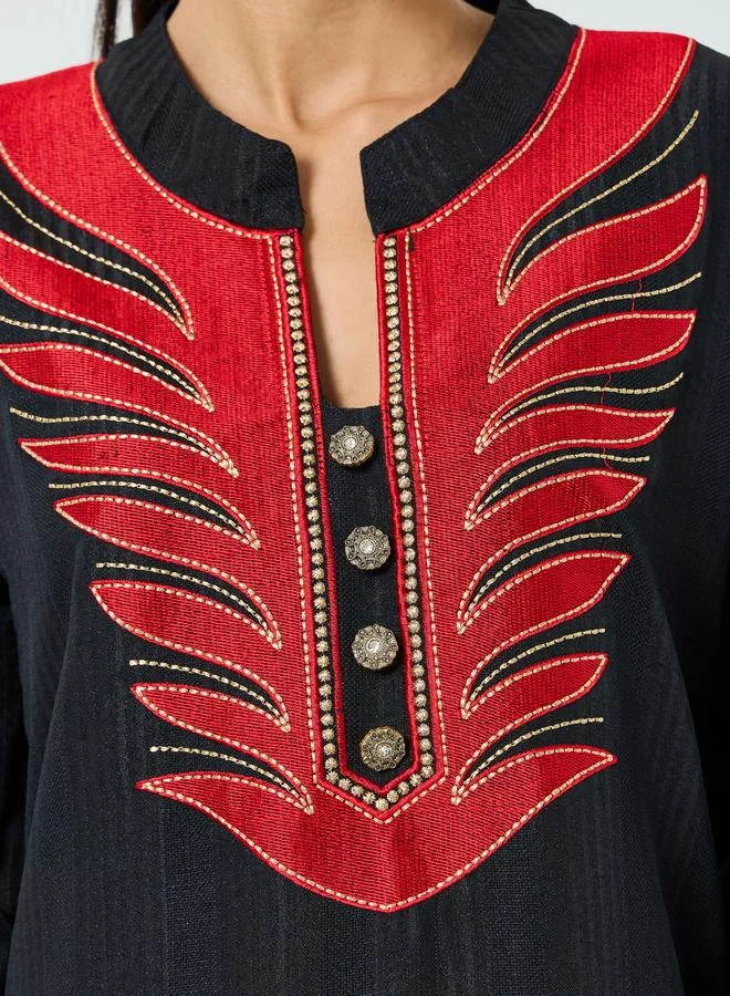 Maxim Creation  Black Threadwork Embroidery Stand Collar Jalabiya for Women | Best Price UAE