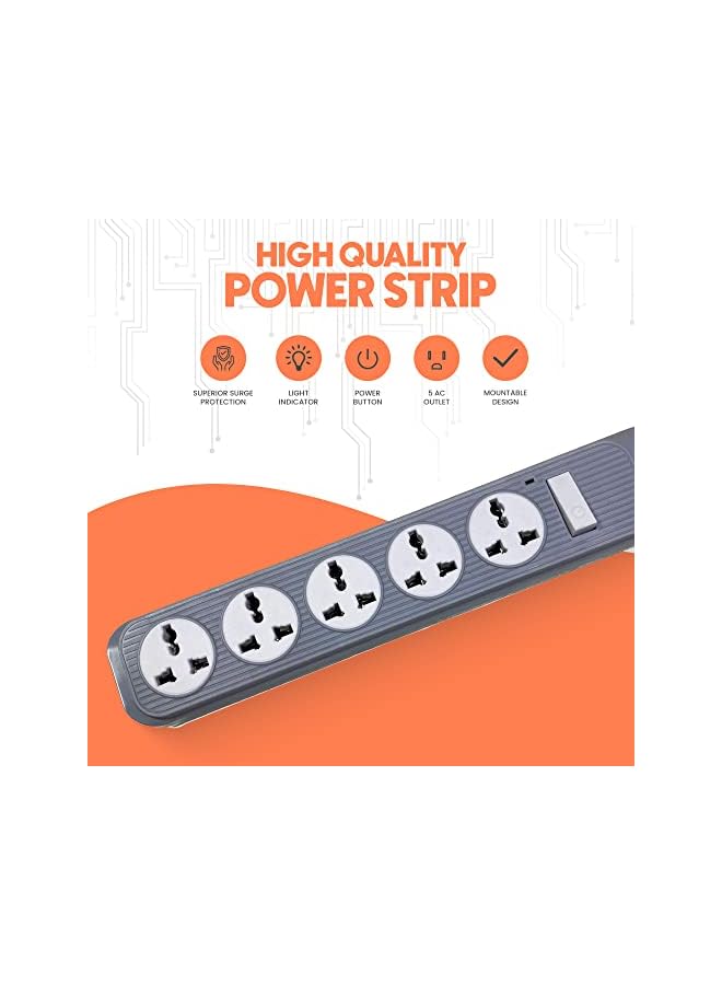 promass 5 Meter Universal Power Extension Cord with 5 Sockets, Power Strip with 5 Outlets, 5 Way Extension Lead - 5M - Image 2
