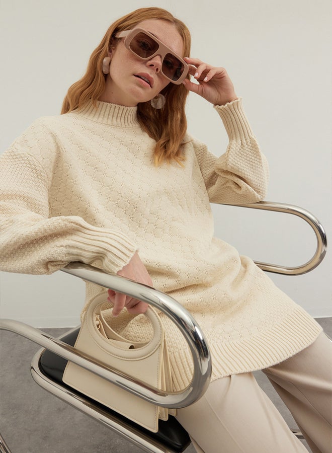 trendyol Stone High Collar Honeycomb Pattern Knitted Knitwear Sweater - Image 2