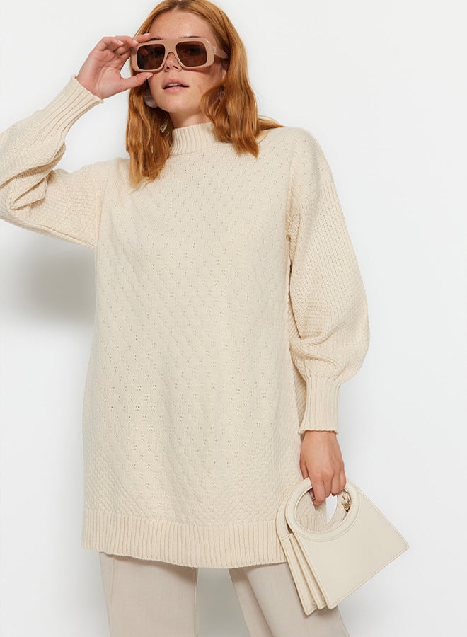 trendyol Stone High Collar Honeycomb Pattern Knitted Knitwear Sweater - Image 3