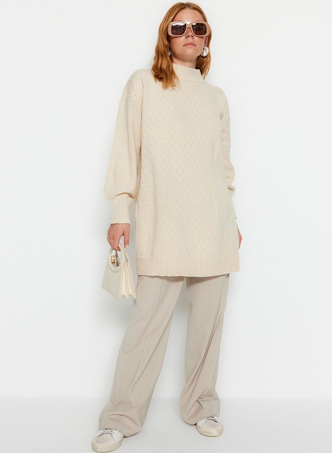 trendyol Stone High Collar Honeycomb Pattern Knitted Knitwear Sweater - Image 4