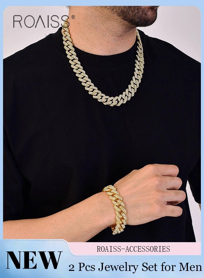 roaiss Men's Rhinestone Cuban Chain Necklace Bracelet Set, Fashion Geometric Hip Hop Necklace, Suitable for Men's Daily Wear, Gold - Image 1