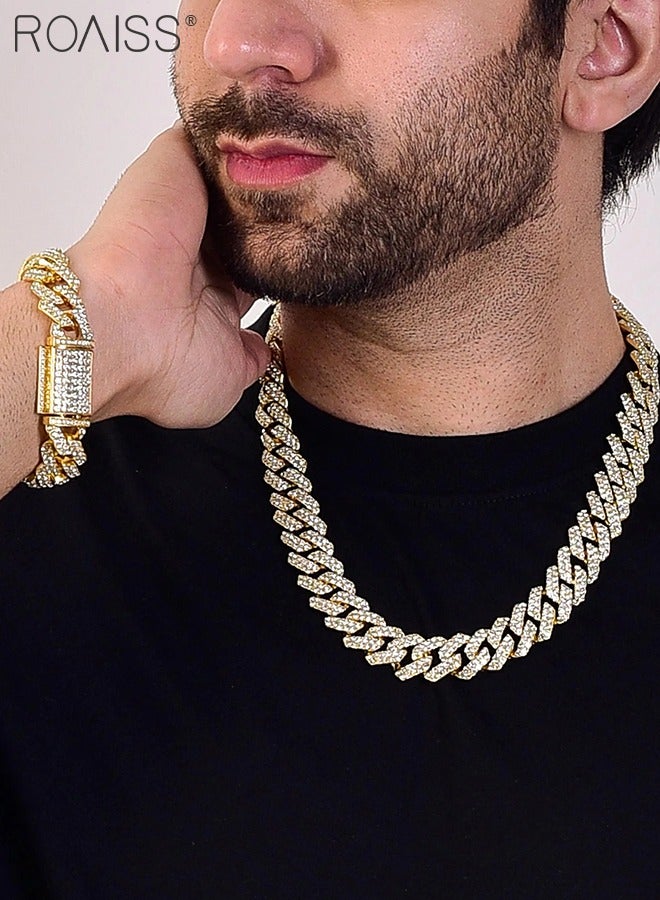 roaiss Men's Rhinestone Cuban Chain Necklace Bracelet Set, Fashion Geometric Hip Hop Necklace, Suitable for Men's Daily Wear, Gold - Image 2