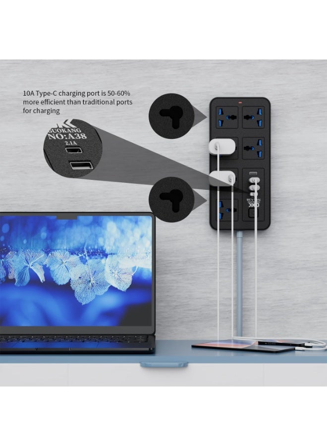 M MIAOYAN British standard power outlet, 6 AC power outlets with extension switch, 3 USB ports and 1 Type-C charging port, 2500W/10A, 180cm power cord, heavy-duty extension cord, suitable for home and office use (black). - Image 5