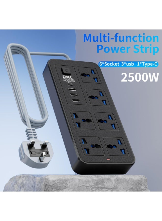 M MIAOYAN British standard power outlet, 6 AC power outlets with extension switch, 3 USB ports and 1 Type-C charging port, 2500W/10A, 180cm power cord, heavy-duty extension cord, suitable for home and office use (black). - Image 3