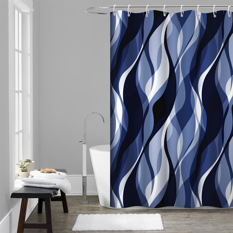 Ruelvth Navy Blue Shower Curtain  Modern Abstract Black and Blue Striped Shower Curtain Set for Bathroom Waterproof Shower Curtain with Hooks  54x72 Inch - Image 1