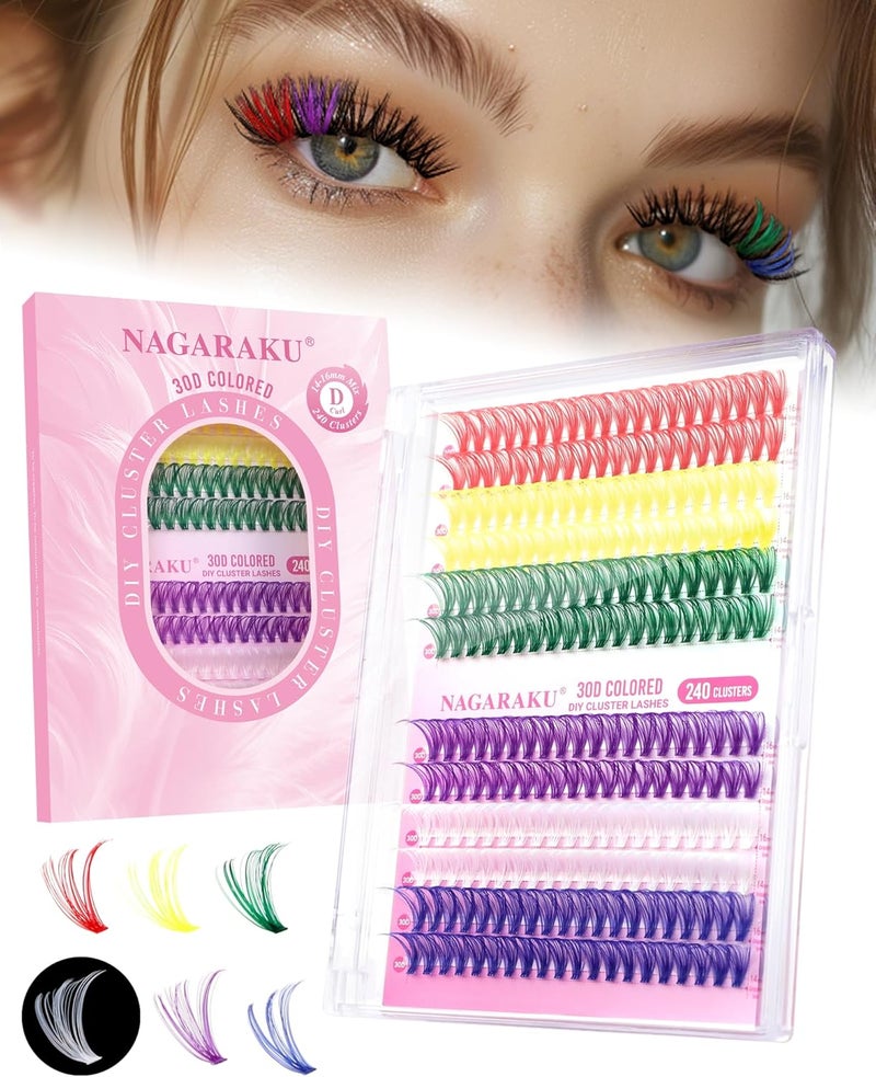 NAGARAKU Colored Lash Clusters 240pcs 30D Cluster Lashes DIY Volume Colorfull False Eyelash RedYellowGreenPurpleWhiteBlue lashes 007mm D Curl 1416mm Mix Length