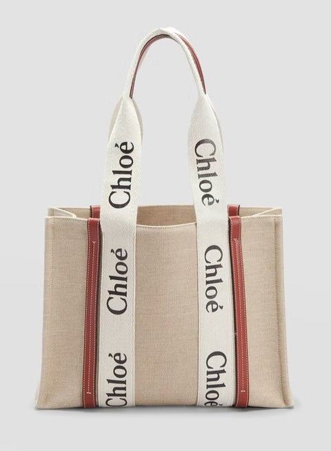 Chloe Woody Medium Women Tote Bag in Linen, Women Shoulder Bag, Women Hand Bag, Women's Travel Bag, Women's Shopping Bag, White-Brown